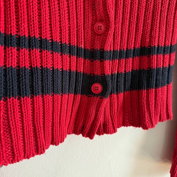 90s Vintage CLAUDIE PIERLOT | Preppy Red and Navy Striped Ribbed Cardigan Medium - Picture 4 of 5